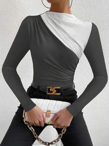 Zolique 女式撞色褶饰长袖修身紧身衣 - 灰色 - 查看 5