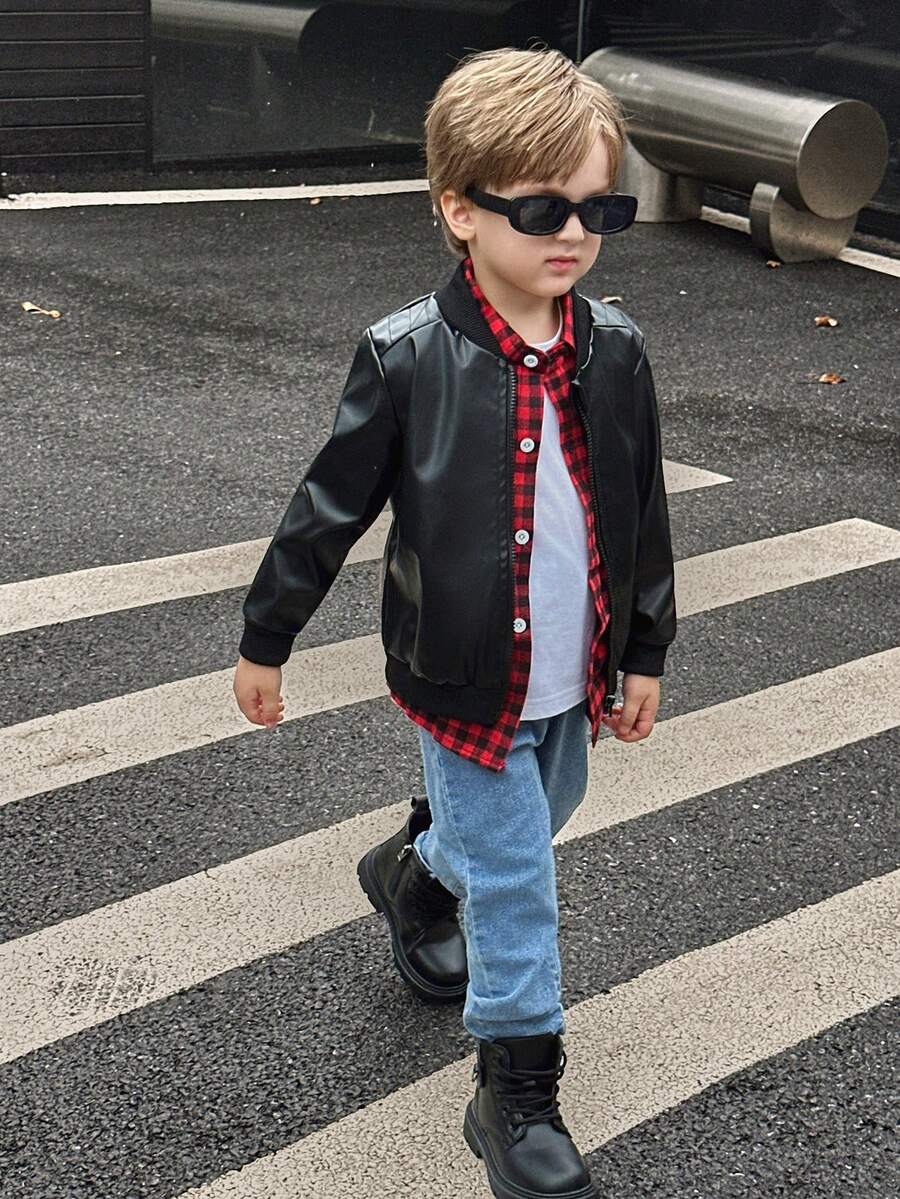 SHEIN Young BoyStylish Black Jacket Coat, Round Neck Bomber Jacket Outerwear, Casual Wear For Boys