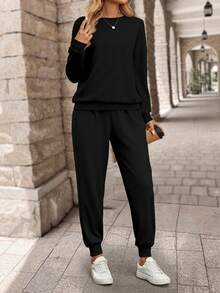 SHEIN LUNE 2 件套女士保暖内衬圆领长袖运动衫和裤子套装，秋冬休闲运动装 2 件套女士休闲套装 - 黑色 - 查看 5