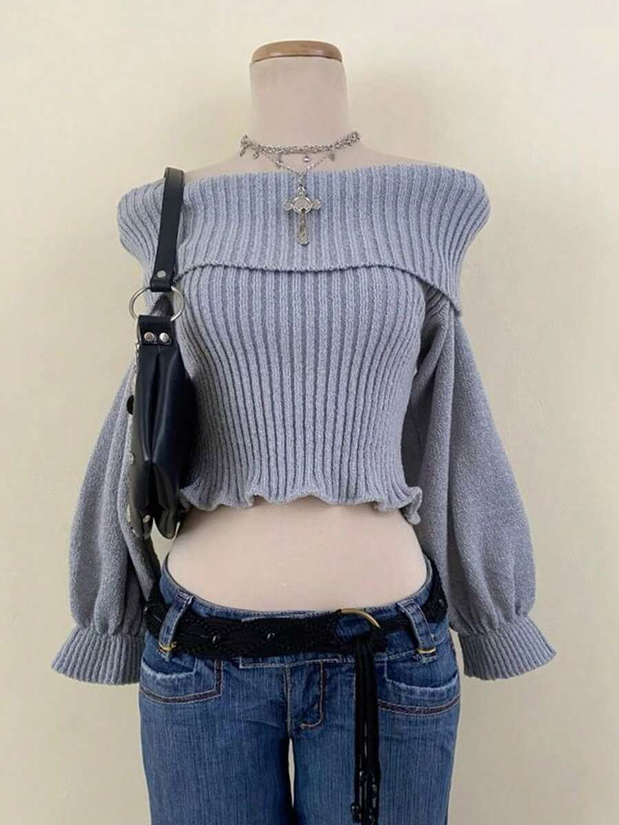 INAWLY Áo len dài tay trễ vai màu trơn cho nữ, thời trang thu đông - Màu xanh nhạt - Xem 1