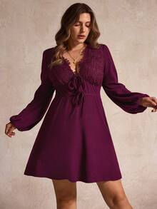 Elegantrix 女士拼布蕾丝派对连衣裙，秋冬 - 酒紅色 - 查看 4