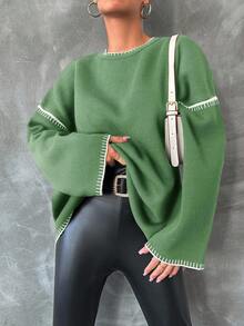 EURMUSE Damen Farbblockstreifen rundhals Langarm einfacher gestrickter Pullover, lässiger Alltagsaustrag