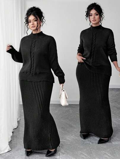 Elenzga Plus Size Women's Thick Knit 2-Piece Set, Loose Drawstring Top Sweater, Round Neck Pullover Mid-Length Bodycon Sweater Dress Suit, Winter