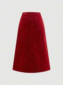 SHEIN MOD Women's Fashionable Solid Color Casual Versatile Denim Skirt With Belt Loop Chic Women Red Corduroy Overlap Front Midi Skirt Versatile High Waist A Line For Everyday Wear Winter Clothes For Women Christmas Women's Clothing New Year Clothes Elegant Skirt For Party Elegant Outfit For Women Christmas Women's Red Skirt
