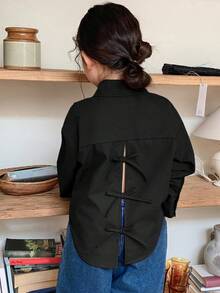 Dazy Kids 女童休闲风格衬衫，背面镂空，蝴蝶结设计，百搭时尚，适合日常穿着 - 黑色 - 查看 3