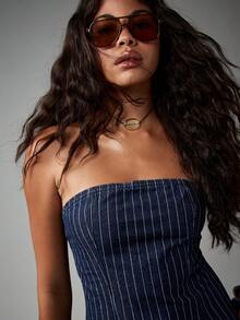 AiiRZ Strapless Pinstripe Denim Bandeau Top For Summer Festival Casual Wear