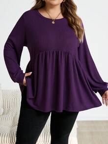 SHEIN CURVE+ 女式加大码宽松休闲圆领 T 恤，纯色 - 紫色 - 查看 3