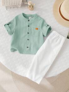 SHEIN Conjunto de 2 piezas para bebé/niño pequeño niño/niña, camisa de manga corta de color liso sencillo y pantalón de cintura elástica liso para vacaciones casuales, primavera/verano/otoño - Verde - Ver 9