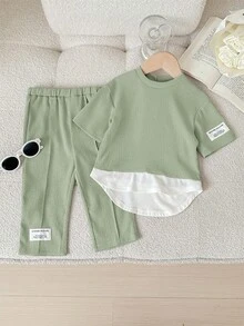 SHEIN Baby Girls Colorblock Knit 2 In 1 Long Sleeve Top And Elastic Waist Long Pants Set, Spring/Summer - Green - View 7