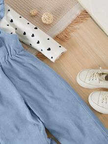 SHEIN Genkimix Kids Young Girl Heart Print Tee & Bow Front Ruffle Trim Overalls - Blue and White - View 4