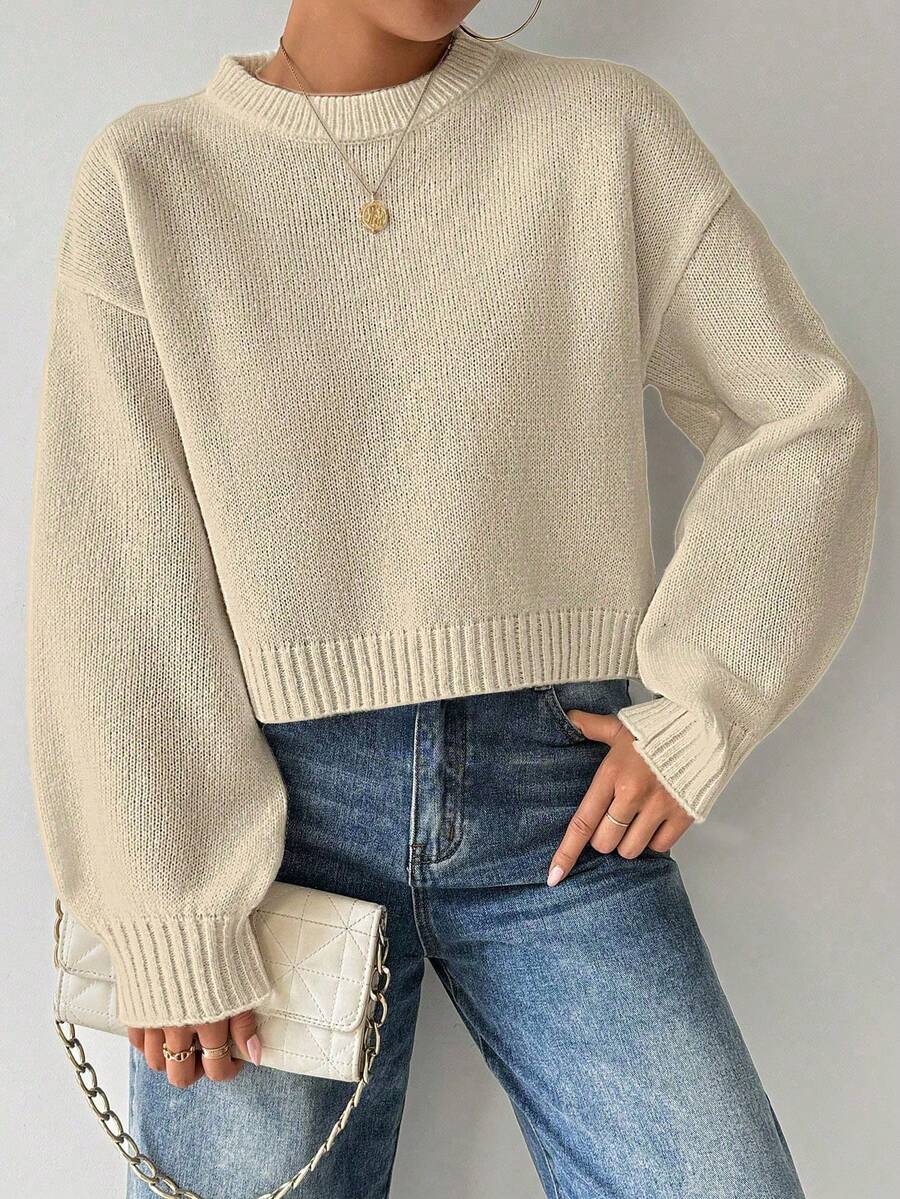 SHEIN LUNE Áo len nữ cổ tròn tay dài màu trắng đơn giản, thoải mái - Màu be - Xem 1