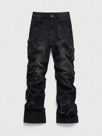 Street Life Men's Embroidered Stars Denim Jeans, Suitable For Everyday Wear In Autumn/Winter
