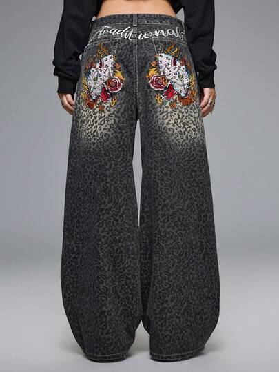 Grunge Punk Jeans larges à taille basse, décontractés, de style mode de rue, avec poche à broderie dégradé léopard