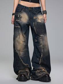 ROMWE Grunge Punk Quần jeans ống rộng cạp thấp màu xanh đậm cổ điển Y2K vá lỗi rách - Màu xanh lam - Xem 7