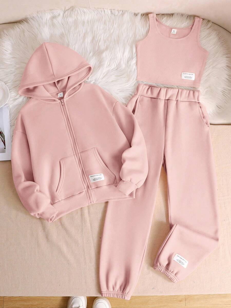 SHEIN 3 件套 Tween 女童休闲纯色针织连帽运动衫、运动衫、无袖背心和慢跑裤套装 - 淺粉色 - 查看 1