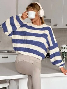 EURMUSE Women Stripe Pattern Rib Knit Chunky Sweater - Blue - View 3