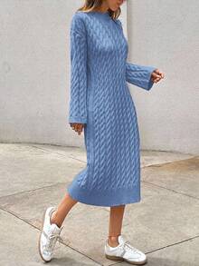 EURMUSE Women's Knitwear Long Dress With Cable Pattern,Petite - Baby Blue - View 6