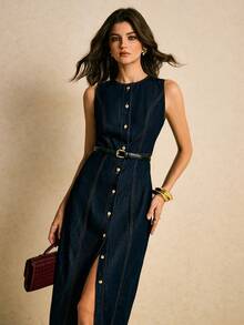 Poéselle Women's Fashion Front Button Sleeveless Denim Dress, Suitable For Commuting Summer Dresses For Women Denim Midi Dress Women Denim Dresses Casual Midi Dress Curve Denim Dress Denim Button-Down Dress Denim Dress For Women - Dark Wash - View 6