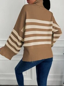 SHEIN Cottnline Của phụ nữ Sọc Tách tay áo Áo len dệt kim - Màu Khaki - Xem 2