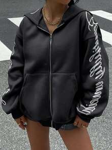 Muchica Autumn Women's Black Hooded Zipper Long Sleeve Letter Embroidery Design Casual Sweatshirt, Long Sleeve Top Graduation, Back To School Clothing, Graduation, Women's Teacher Clothing, Autumn And Winter Back To School,Fall,Fall Clothes For Women - Black - View 3