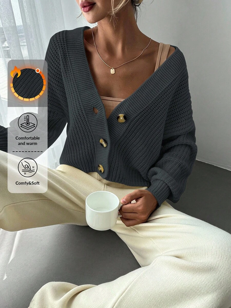 EURMUSE 女式纯色落肩长袖单排扣休闲开衫,秋冬 - 深灰色 - 查看 1