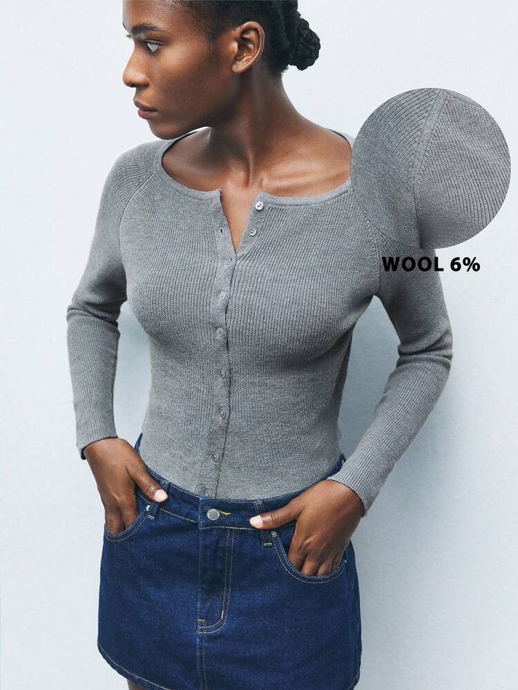 SHEIN Maija Grey Round Neck Cardigan Long Sleeve Fitted Cropped Women Knit Top Winter Clothes For Women New Year Christmas Sweater Halloween Costume Women Christmas Sweater Cozy Fall And Winter Clothes For Women Maija Fall Winter 2025 Women Stylish Clothing Collection