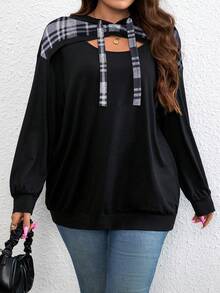 SHEIN LUNE Sudadera con capucha de mujer talla grande con estampado de cuadros y cordón, adecuada para ceremonias de graduación, regreso a clases, uniformes de maestras, para otoño e invierno - Negro - Ver 4