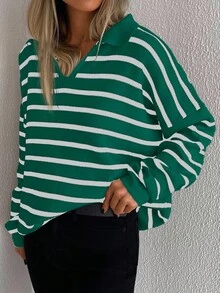 EURMUSE Striped Pattern Drop Shoulder Jumper - Green - View 3