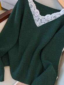EMERY ROSE New Elegant Lace Trim V-Neck Soft & Versatile Plus Size Knit Pullover Top For Women - Dark Green - View 7
