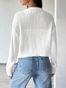 SHEIN Unity Áo khoác cardigan dáng rộng cổ chữ V cài nút phía trước cho nữ, màu trơn, đa năng cho việc đi lại hàng ngày, mùa thu/đông - trắng - Xem 2