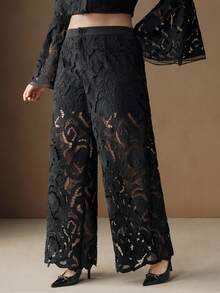 Anewsta Rose Embroidery Hollow-Out Fabric Straight Leg Non-Stretch Casual Elegant Plus Size Pants - Black - View 6