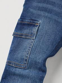 SHEIN 男童松紧腰工装口袋休闲牛仔裤 - 中等水洗藍 - 查看 3