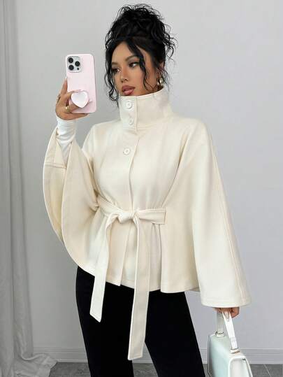 SHEIN Elenzya Poncho cape femme col montant avec boutons, coupe ample ceinturée avec nœud papillon à la taille, manches longues, style vintage français élégant pour le bureau, casual, affaires, mode de rue, automne/hiver, convient pour Halloween, Noël, Thanksgiving, thé de l'après-midi