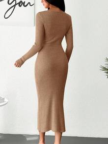 EURMUSE 單色十字包覆肋針織毛衣連衣裙 - 米色 - 查看 2