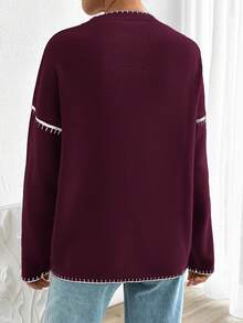 EURMUSE Women Solid Color Deep V-Neck Handmade Stitch Detailed Cardigan - Burgundy - View 2