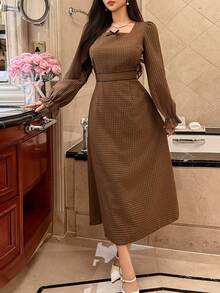 DAZY Robe longue à col carré à manches longues à carreaux pour femmes - Camel - Voir 5