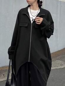 FRIFUL Women's Solid Black Stand Collar Raglan Sleeve Pocket Decorated Metal Zipper Front Short Back Long Loose Casual Versatile Regular Jacket, Autumn/Winter