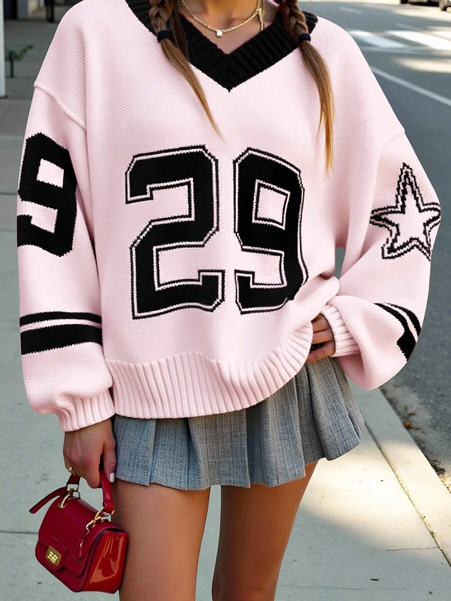 Mädchen Lockerer V-Ausschnitt Pullover mit Zahlen- und Sternenmuster, Herbst/Winter