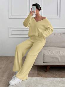 SHEIN Tall Tall Women V-Neck Oversize Sweater And Knit Pant Set - Beige - View 9