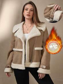 Chikora 加大码保暖内衬外套，适合通勤、秋冬季穿着，女士外套，休闲女式外套，女士衬衫式外套，感恩节女式外套，新年女式外套，万圣节女式外套，优雅圣诞女式外套，秋冬女式外套，万圣节服装，圣诞节女式外套，新年女式外套，感恩节女式外套 - 卡其色 - 查看 4