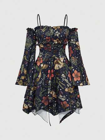 Fairycore Vestido casual de mujer con estampado floral y mangas acampanadas con cruce, otoño