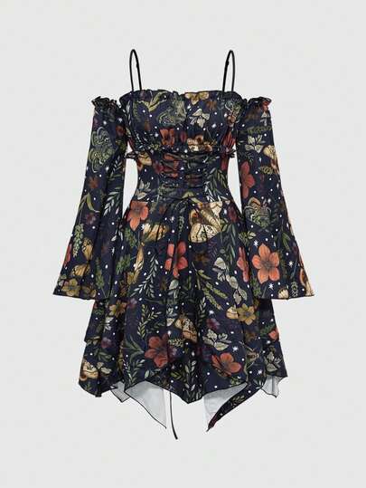 ROMWE Fairycore Women's Casual Floral Print Cross-Tie Flare Sleeve Dress, Autumn