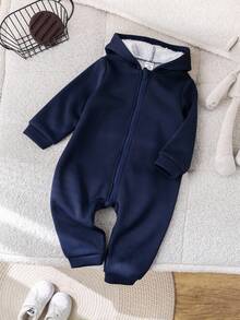 SHEIN Bộ đồ liền thân dệt kim mềm mại dày dặn màu xanh navy chải kỹ cho bé trai/bé gái có mũ trùm đầu, có khóa kéo, đa năng cho cả mặc trong nhà và ngoài trời, mùa thu/đông - Màu xanh hải quân - Xem 6