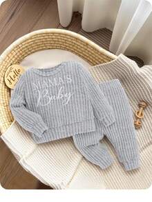 SHEIN 2pcs Newborn Baby Boy Letter Embroidered Crew Neck Long Sleeve Top And Elastic Cuff Pants Set - Grey - View 2