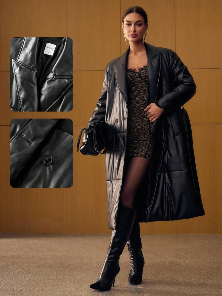 PU LEATHER SOLID PEAK COLLAR DOUBLE BREASTED PLACKET LONGLINE WINTER COAT