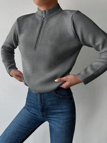 SHEIN Cottnline 女士纯色半拉链立领休闲长袖毛衣 - 深灰色 - 查看 3