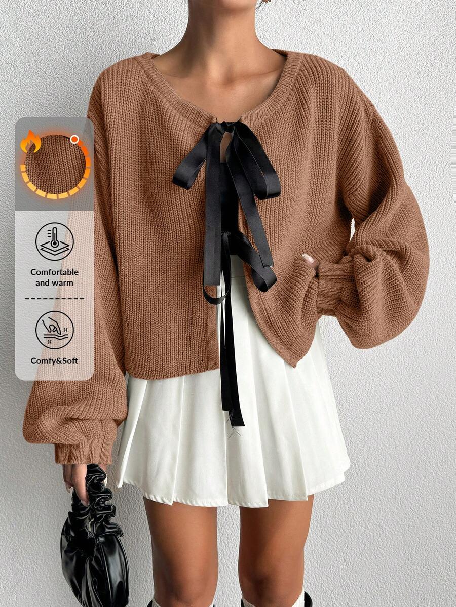 EURMUSE Women's Drop Shoulder Long Sleeve Bowknot Ribbon Thick Knit Cardigan,Petite Cardigans,Cardigans - Camel - View 1