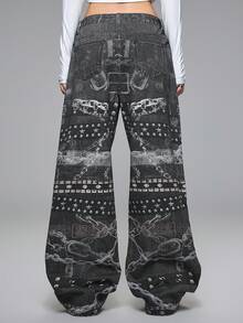 ROMWE Grunge Punk Y2K 复古街头风链条印花超低腰宽松牛仔裤 - 黑色 - 查看 2