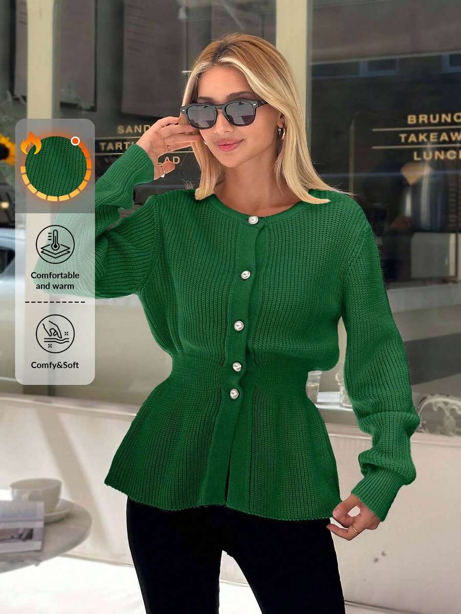 EURMUSE Women Solid Color Front Button Round Neck Cardigan,Cardigans,Long Cardigans Woman,Petite,Tall - Green - View 1