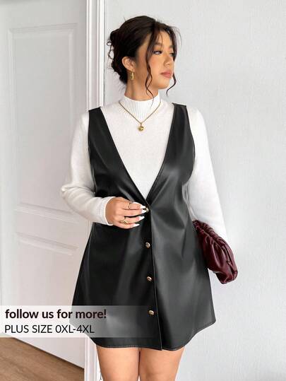 SHEIN Frenchy Vestido negro sin mangas con correa de PU para mujer talla grande, decoración con botón de metal, vestido de mono negro versátil y de moda para uso diario